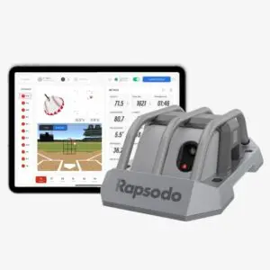 Rapsodo sports technology device with tablet displaying golf data.