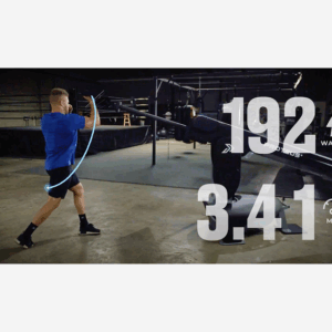 Athlete swinging a bat with power stats displayed.