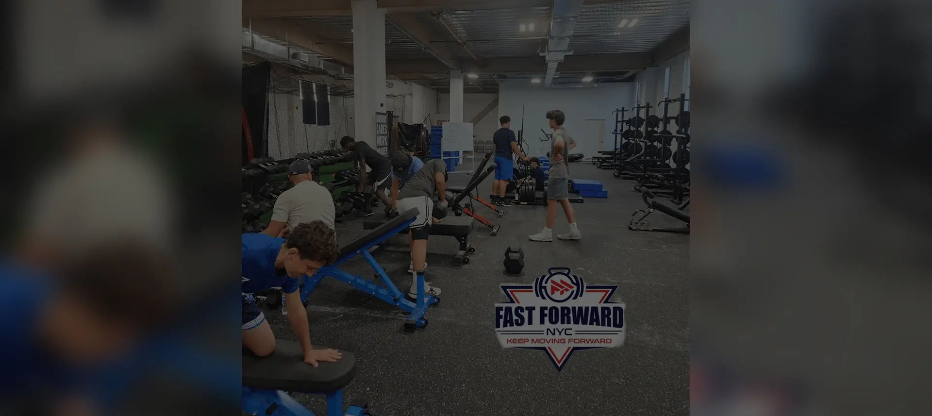 People working out in a gym with weightlifting equipment and a Fast Forward logo.