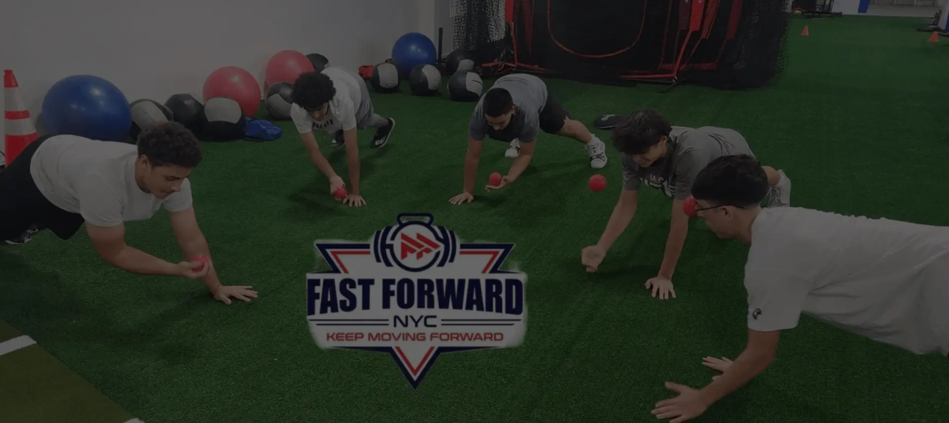 Three people stretching on mats in a gym with a Fast Forward NYC logo.