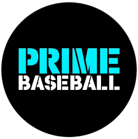 Logo with 'PRIME BASEBALL' in bold blue and white text on black.