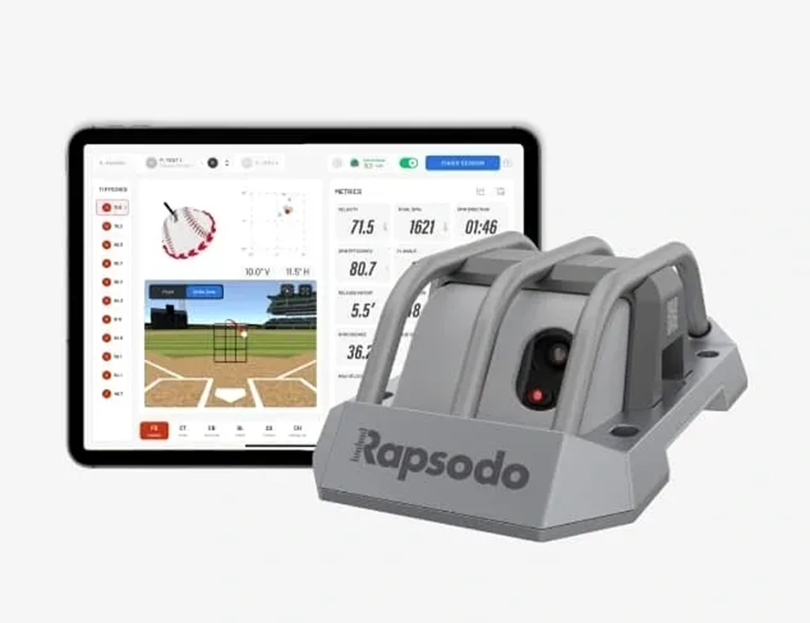 Rapsodo baseball pitching and hitting tracker with tablet interface.