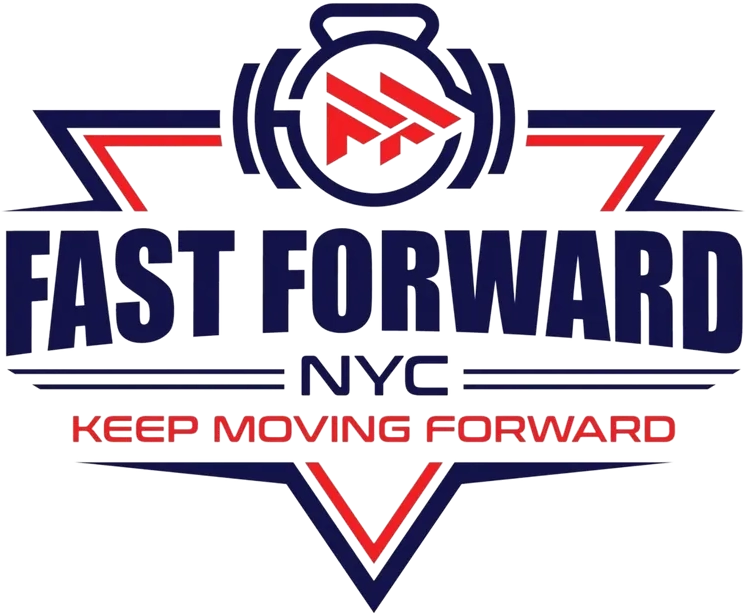 Logo with a bold star and text encouraging progress and movement forward.